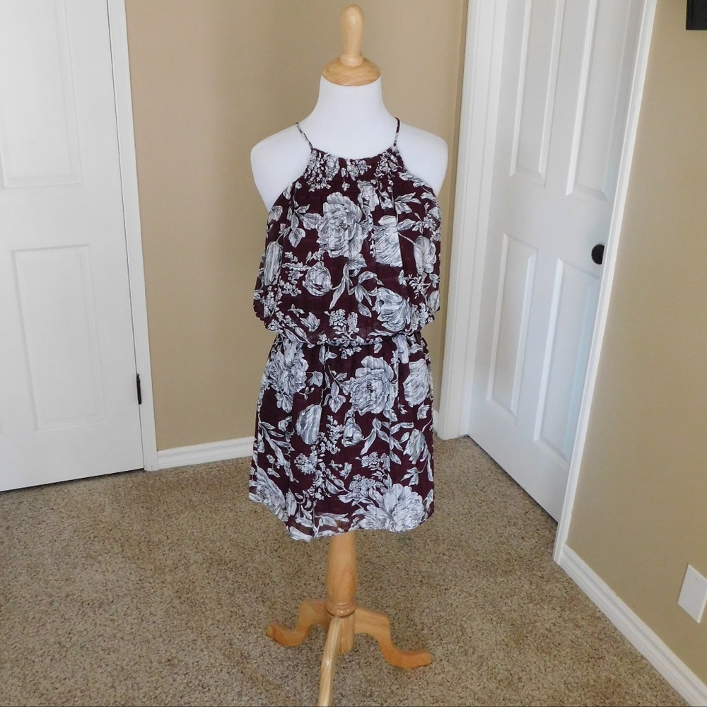 Maroon, Red, White Floral Halter Mini Sun Dress